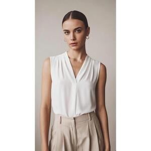 DKNY Women’s Sleeveless Pleated Shoulder V-Neck Top in White-Size Medium